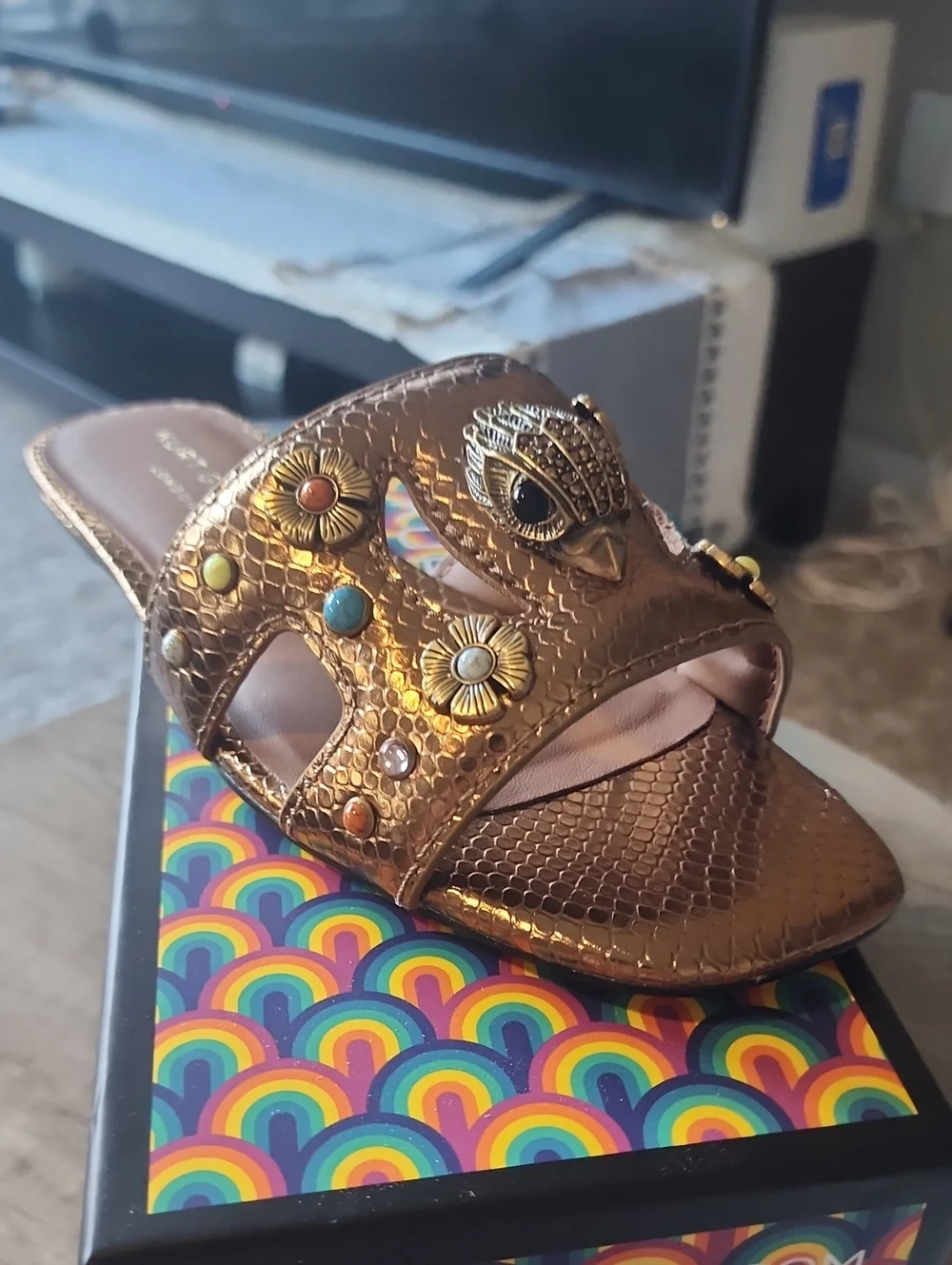 Kurt Geiger Metallic Bronze Slide with Floral Studs and Owl Accent